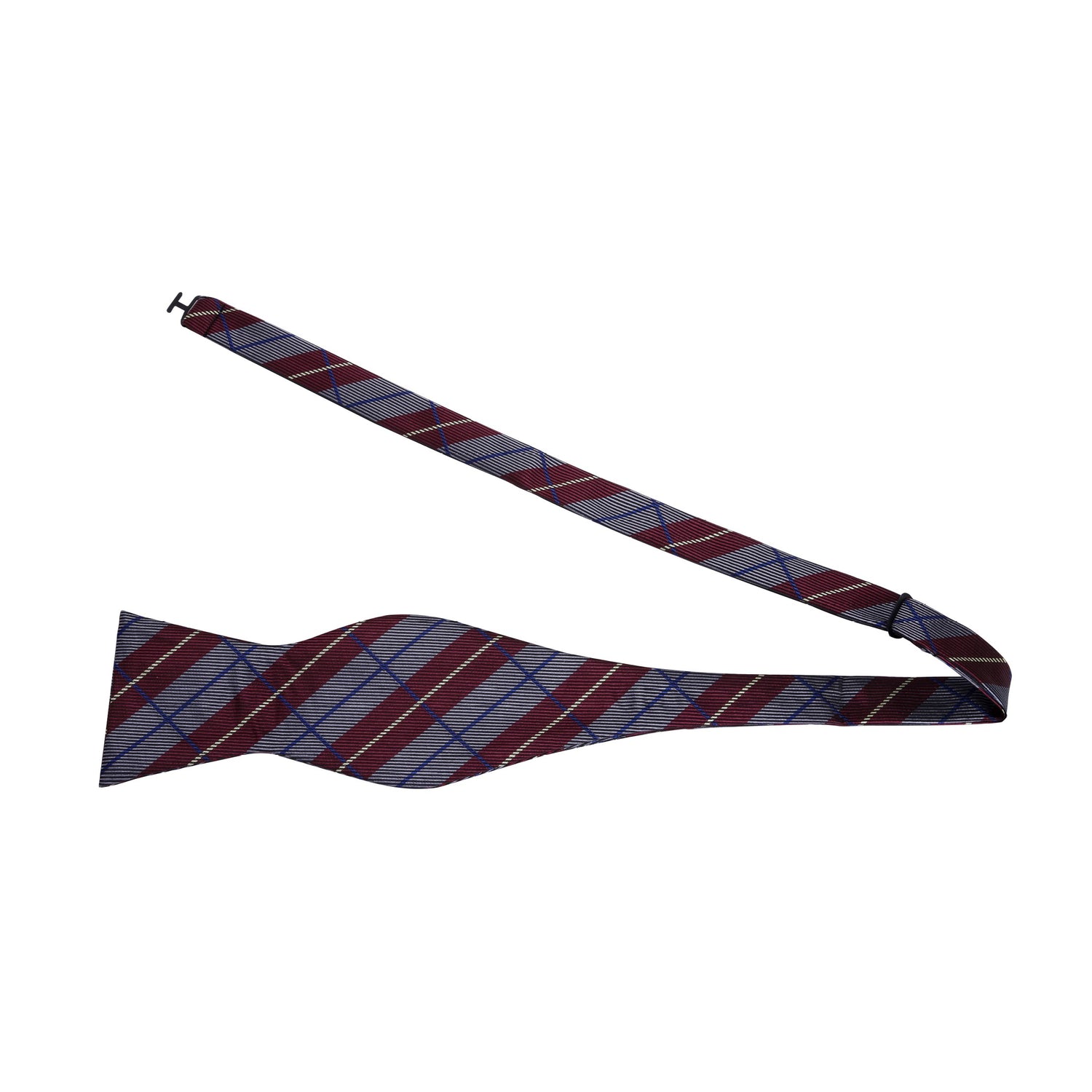 A Burgundy, Grey Plaid Pattern Silk Self Tie Bow Tie Untied