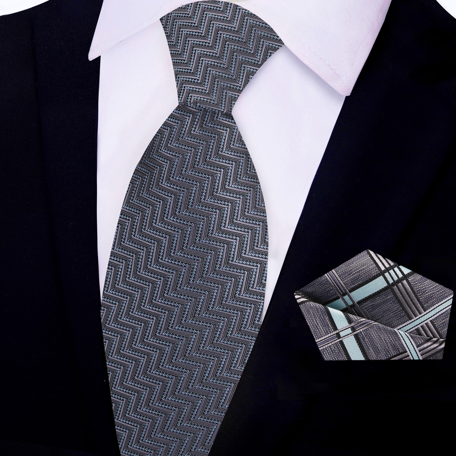 View 2: Grey with Light Blue Necktie with Accenting Grey and Blue Plaid Square