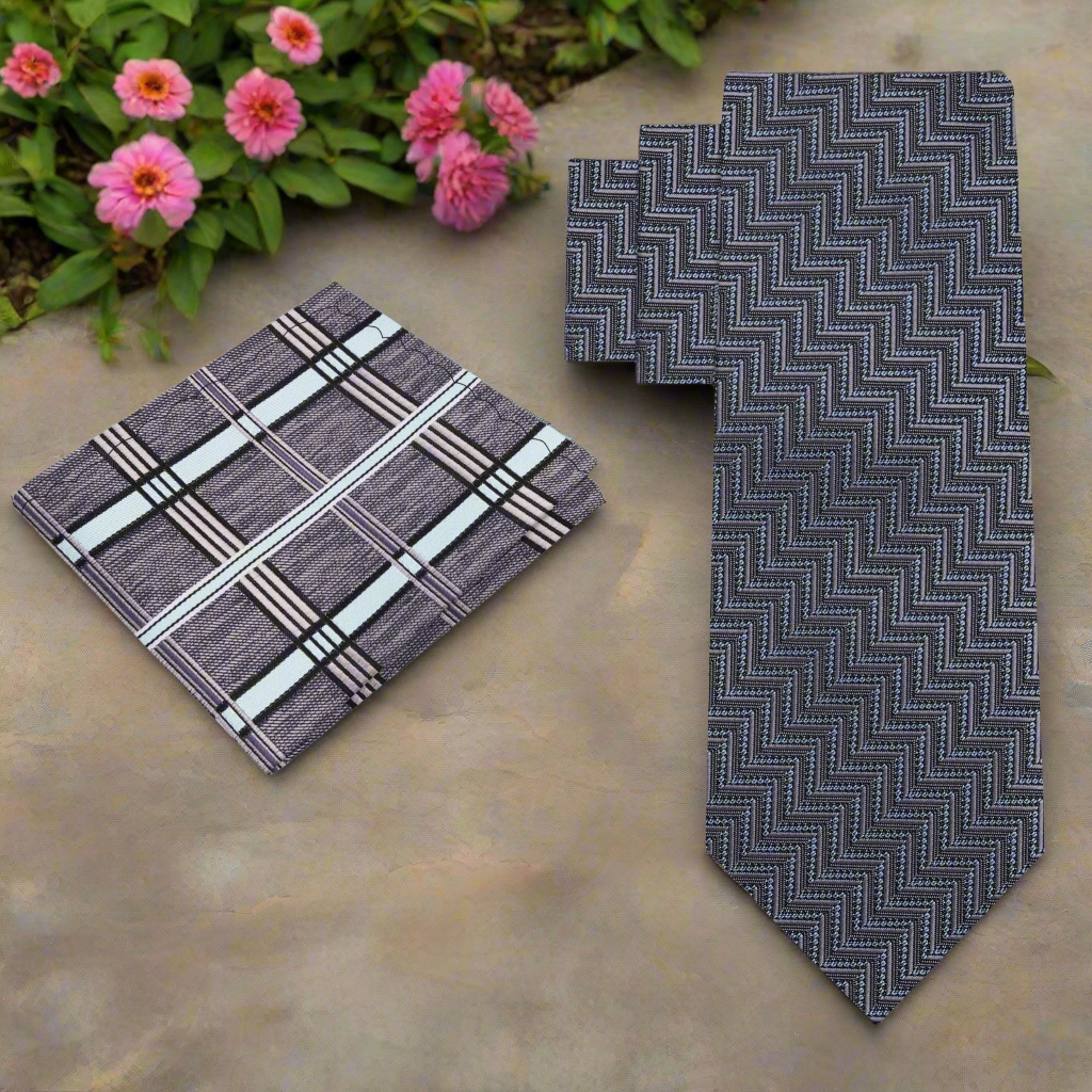 Alt View: Grey with Light Blue Necktie with Accenting Grey and Blue Plaid Square