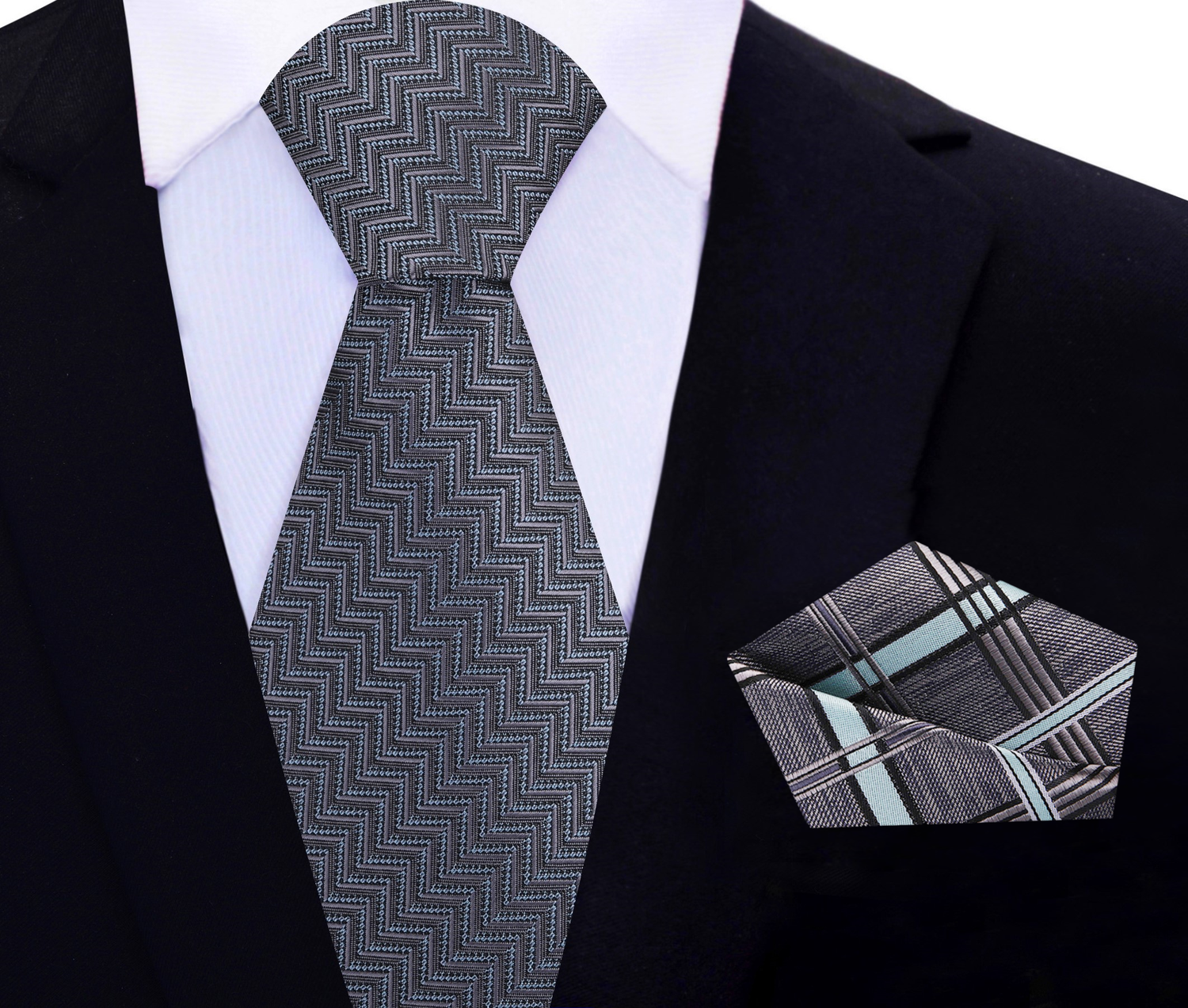 Grey with Light Blue Necktie with Accenting Grey and Blue Plaid Square