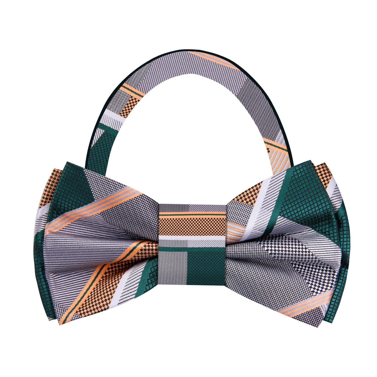 Pre-Tied View: Grey, Green, Gold, White Plaid Bow Tie