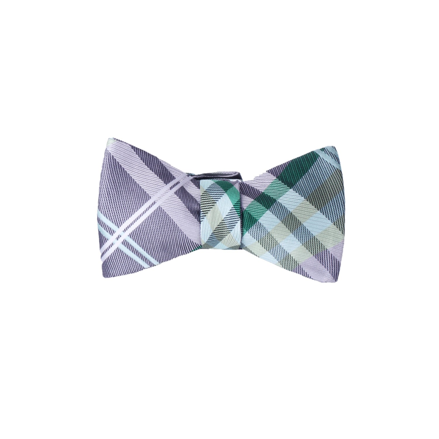 A Grey, Green, Black, White, Plaid Pattern Silk Self Tie Bow Tie 