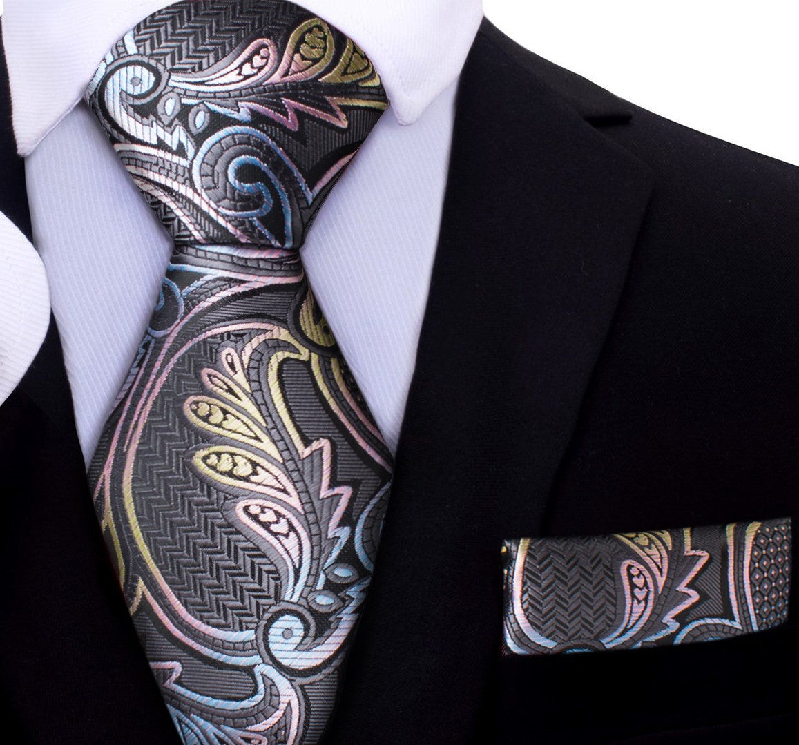 Grey, Pink, Yellow Paisley Tie and Pocket Square