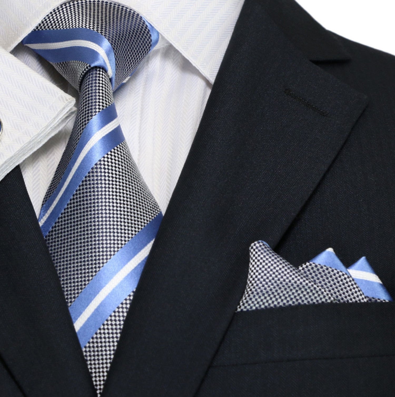 Grey, Baby Blue and White Stripe Tie and Square