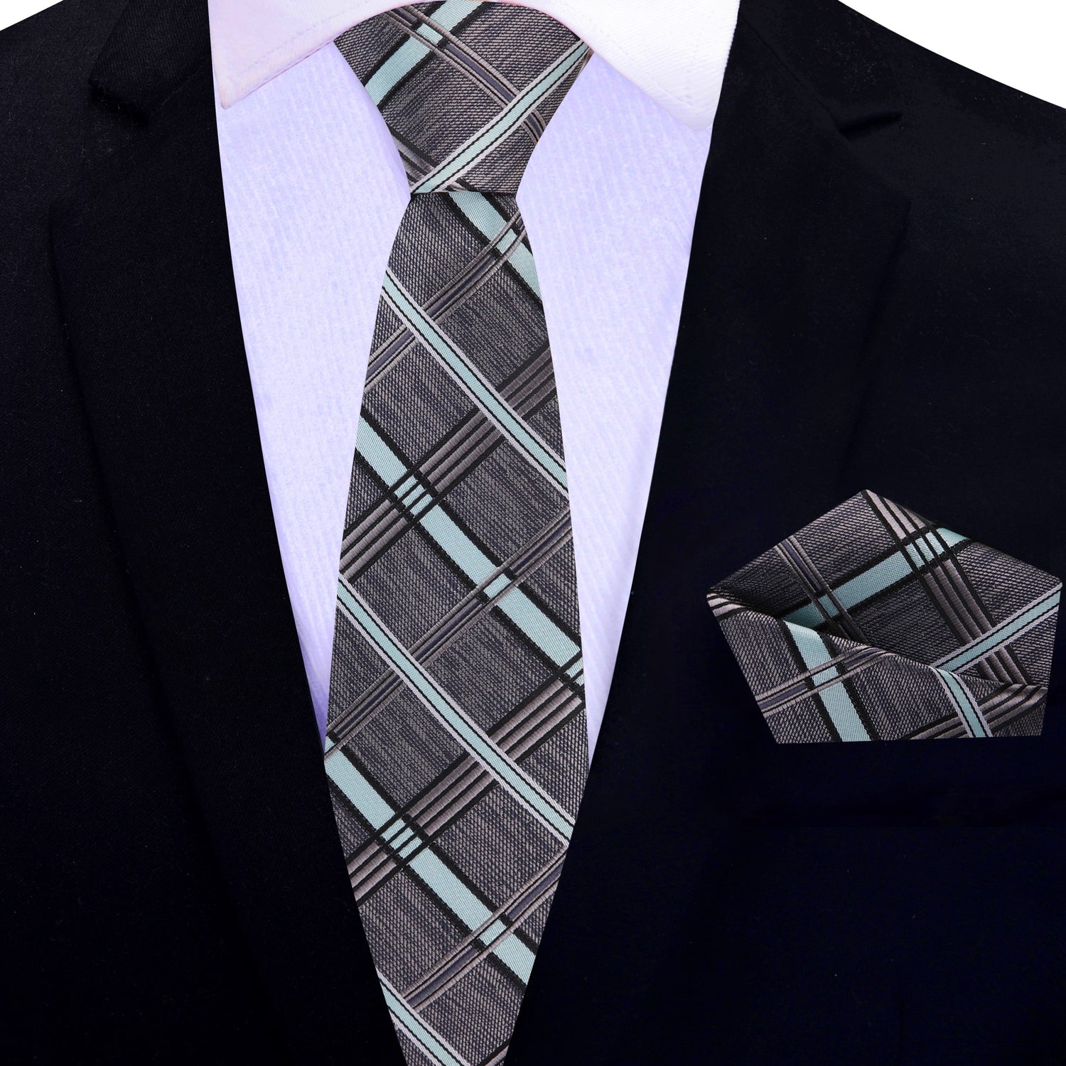 Thin Tie: Dark Grey, Light Blue Plaid Tie and Pocket Square