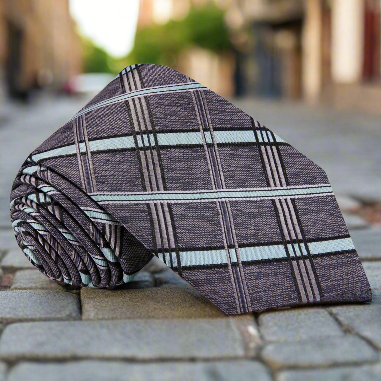 Single Tie: Dark Grey, Light Blue Plaid Tie