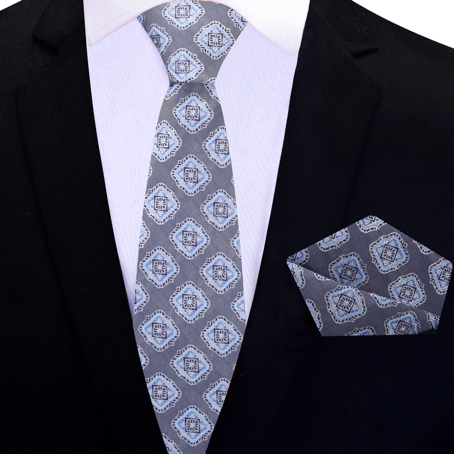 Thin Tie View: Grey and Light Blue Geometric Tie and Pocket Square