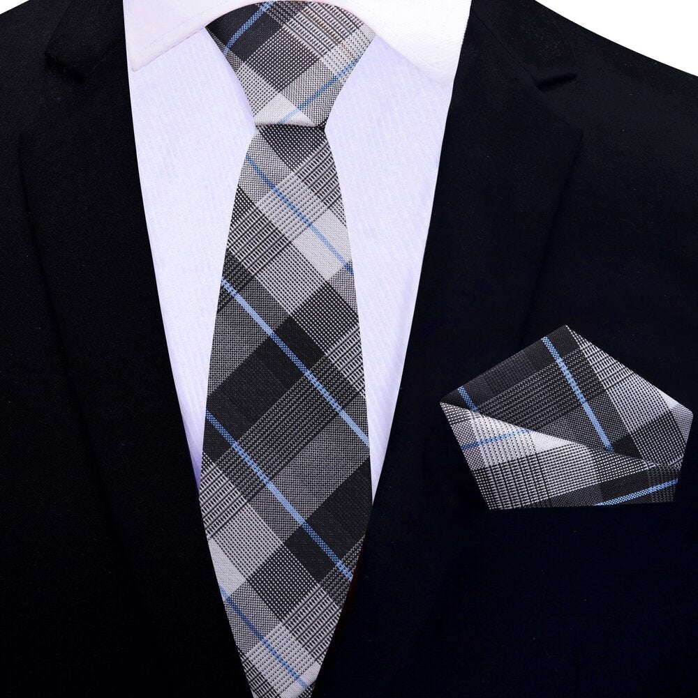 Thin Tie View: Grey, Light Blue Plaid Tie and Square