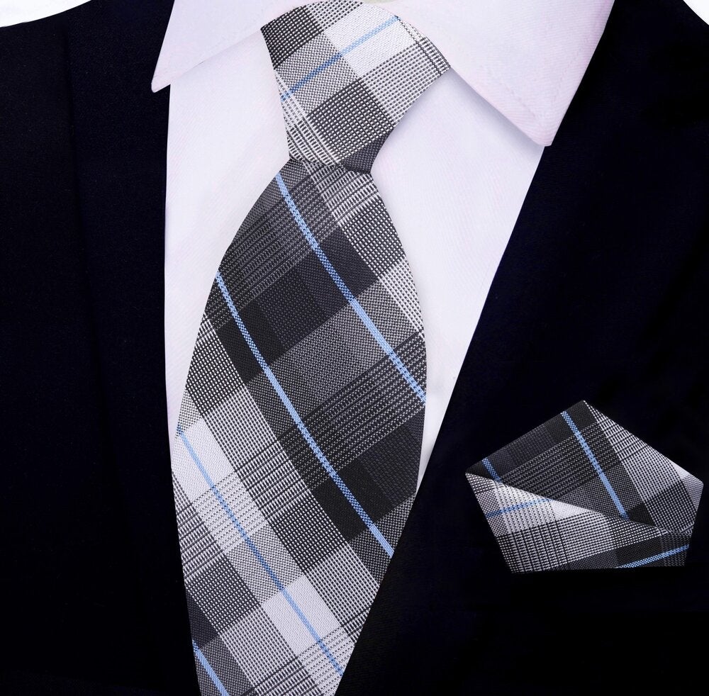Grey, Light Blue Plaid Tie and Square