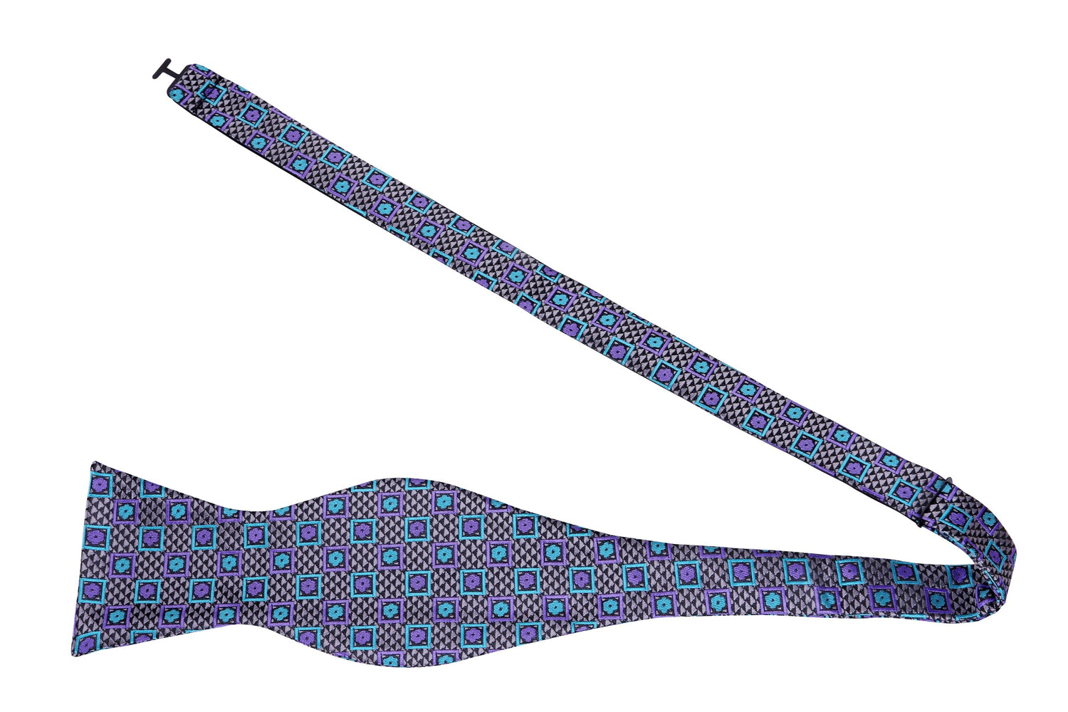Untied View: A Grey, Teal, Purple Abstract Shapes Pattern Silk Self Tie Bow Tie 