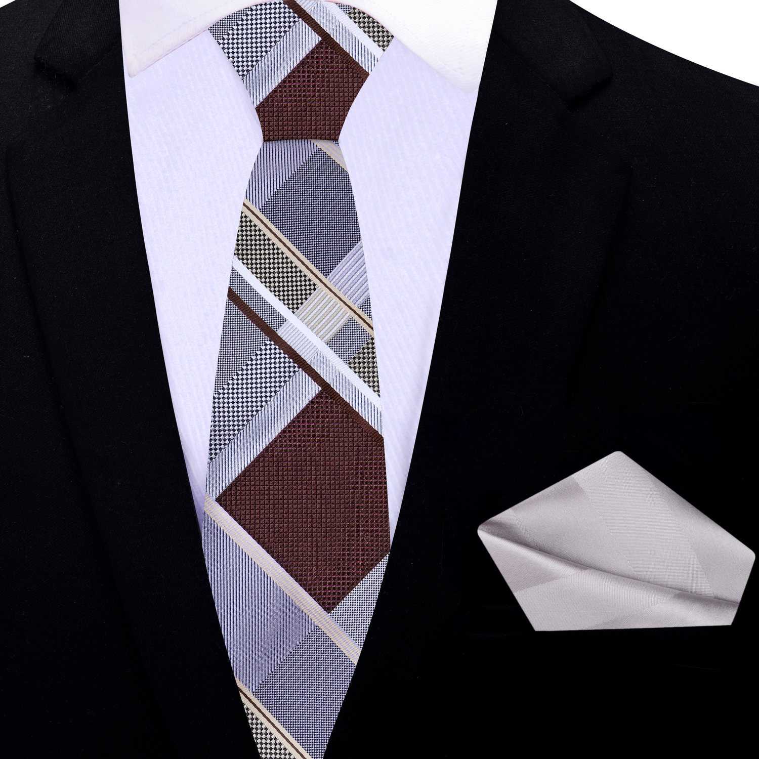 Thin Tie: Grey Brown Gold Geometric Omega With Silver Stripe Square