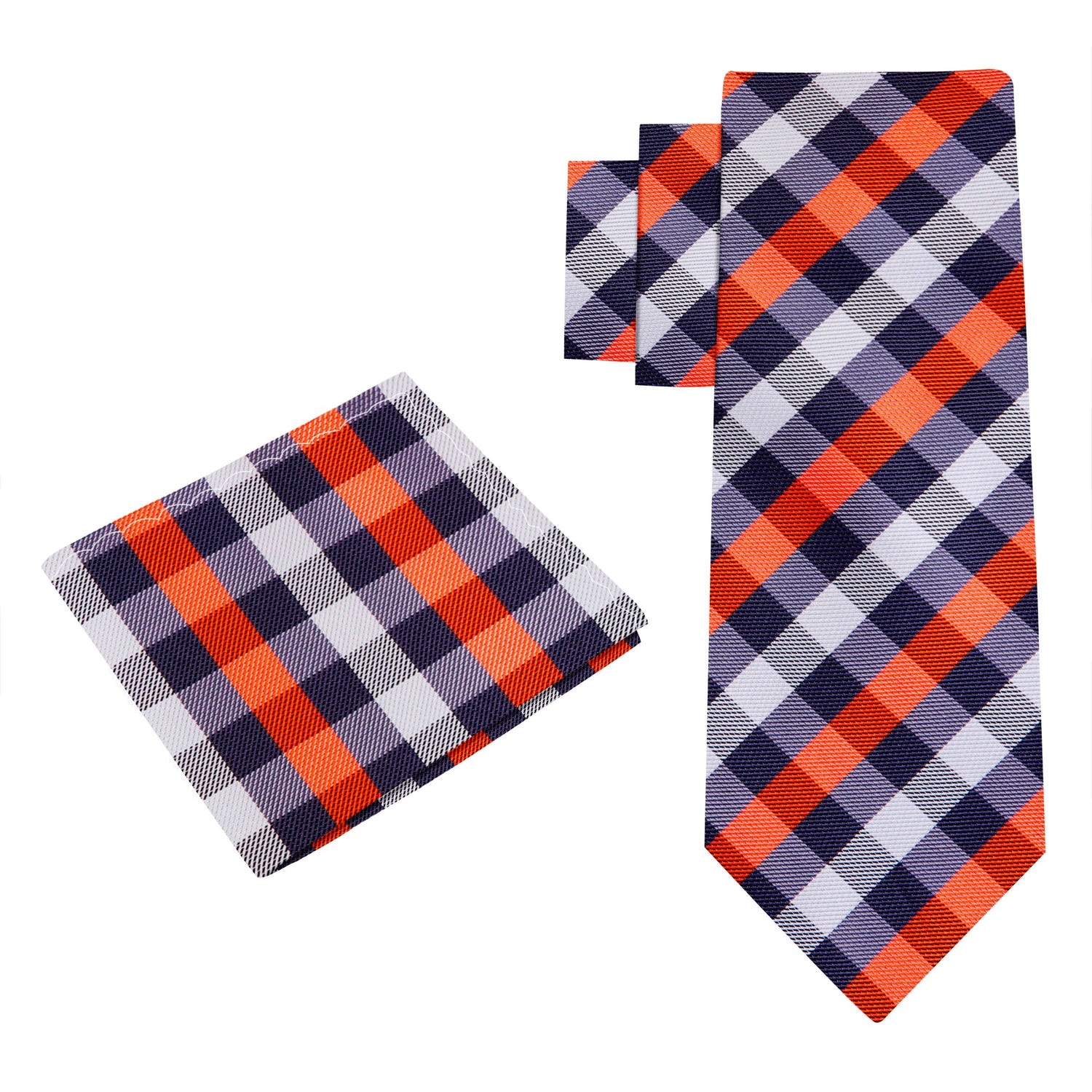 Alt View: A Orange, Grey, White Small Geometric Checker Pattern Silk Necktie, With Matching Pocket Square
