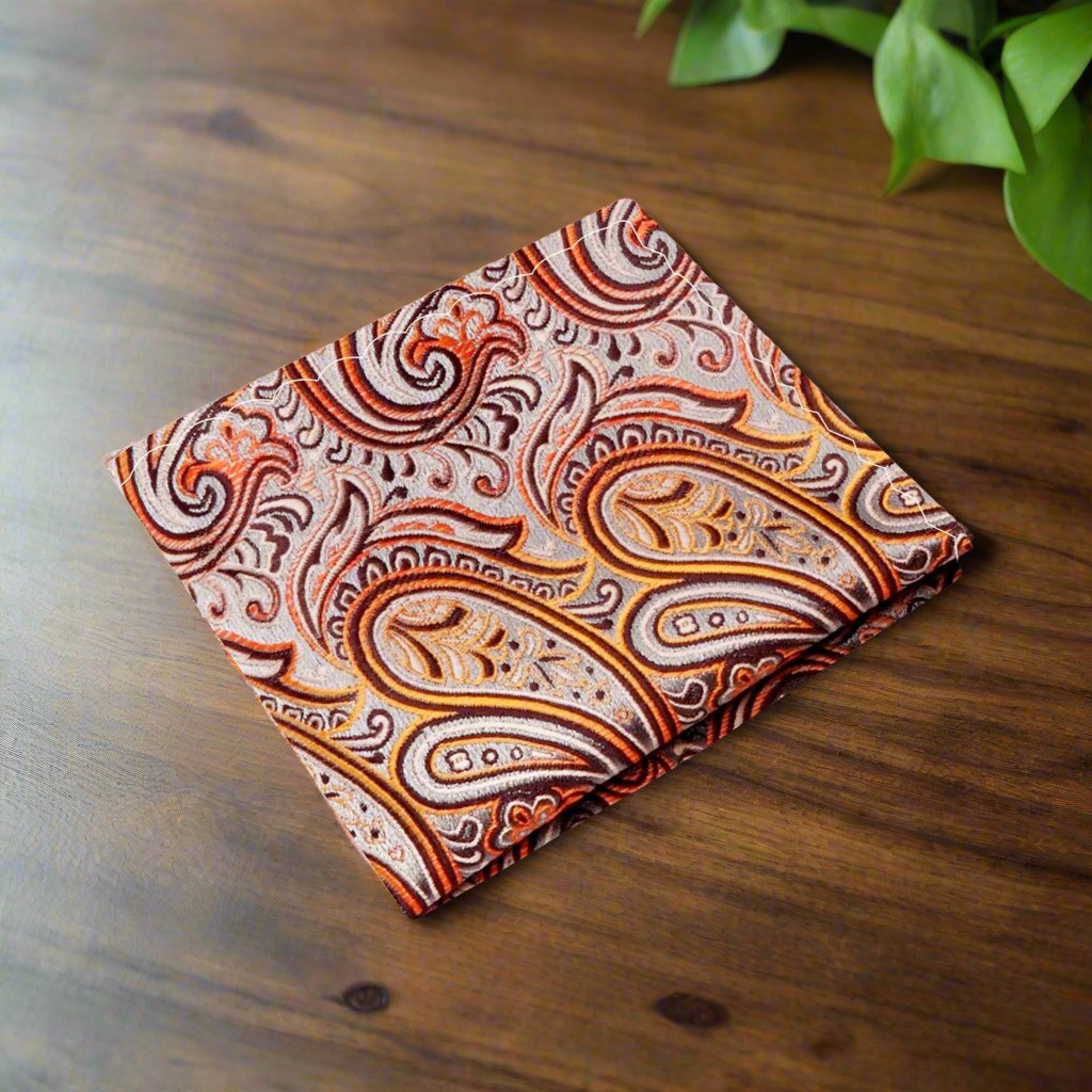 Grey, Orange Paisley Pocket Square