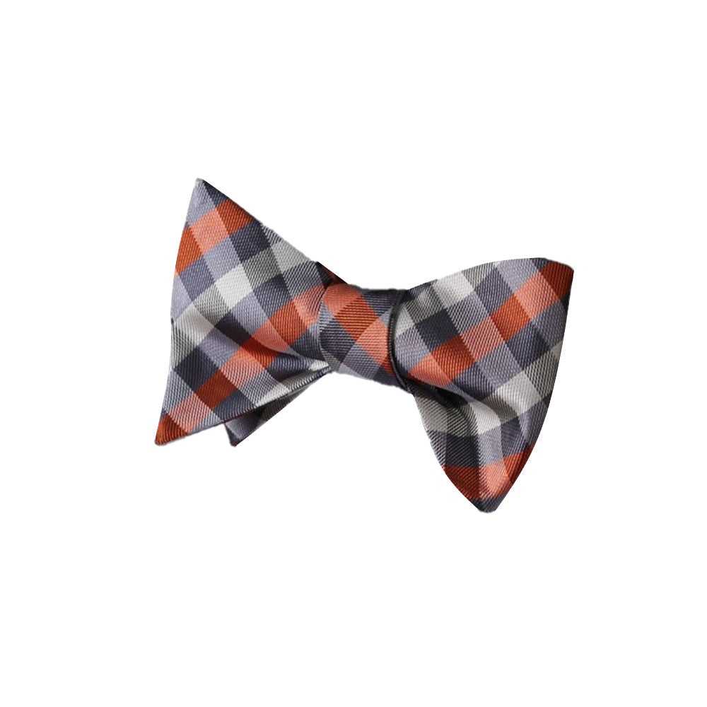 A Grey, Orange Geometric Diamond Pattern Silk Self Tie Bow Tie 