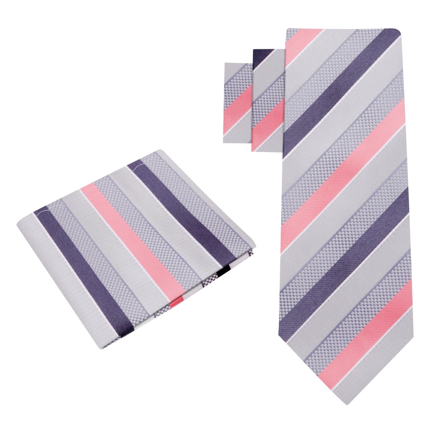 Alt View: Grey, Pink Stripe Thin Tie and Pocket Square
