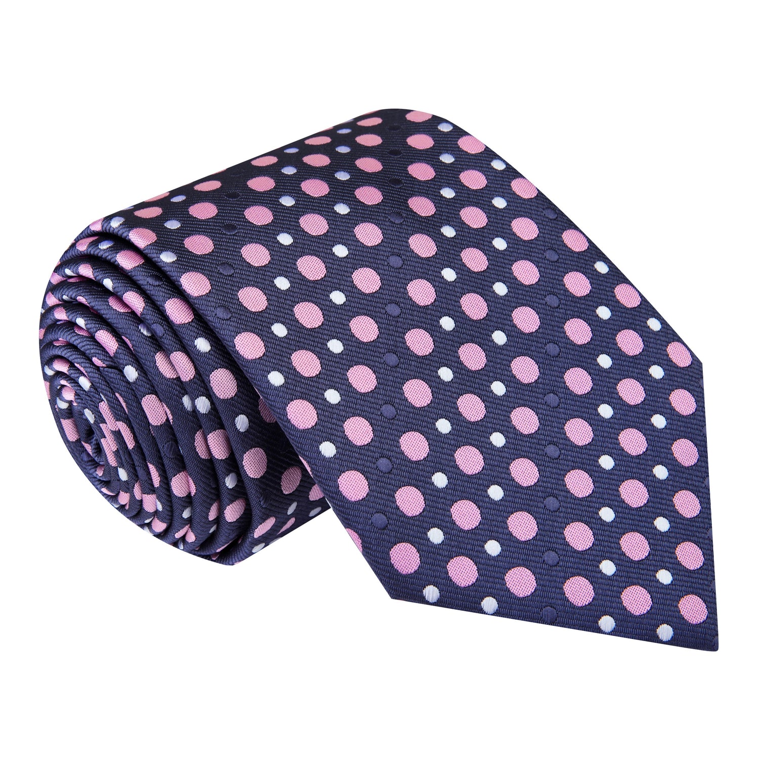 A Grey, Pink, White Polka Dot Pattern Necktie 