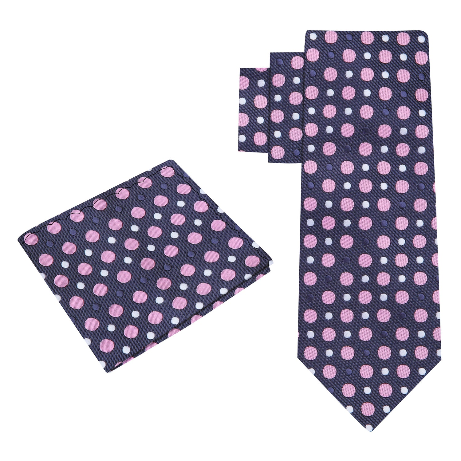 Alt View: A Grey, Pink, White Polka Dot Pattern Necktie, Matching Pocket Square