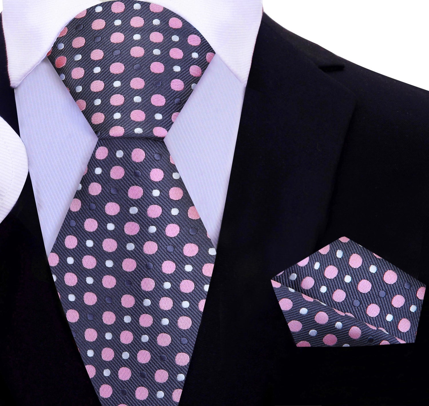 A Grey, Pink, White Polka Dot Pattern Necktie, Matching Pocket Square