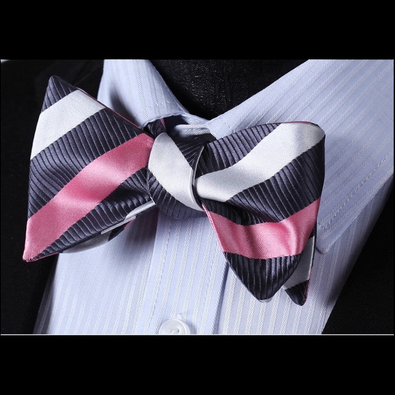 A Pink, Grey, White Stripe Pattern Silk Self Tie Bow Tie
