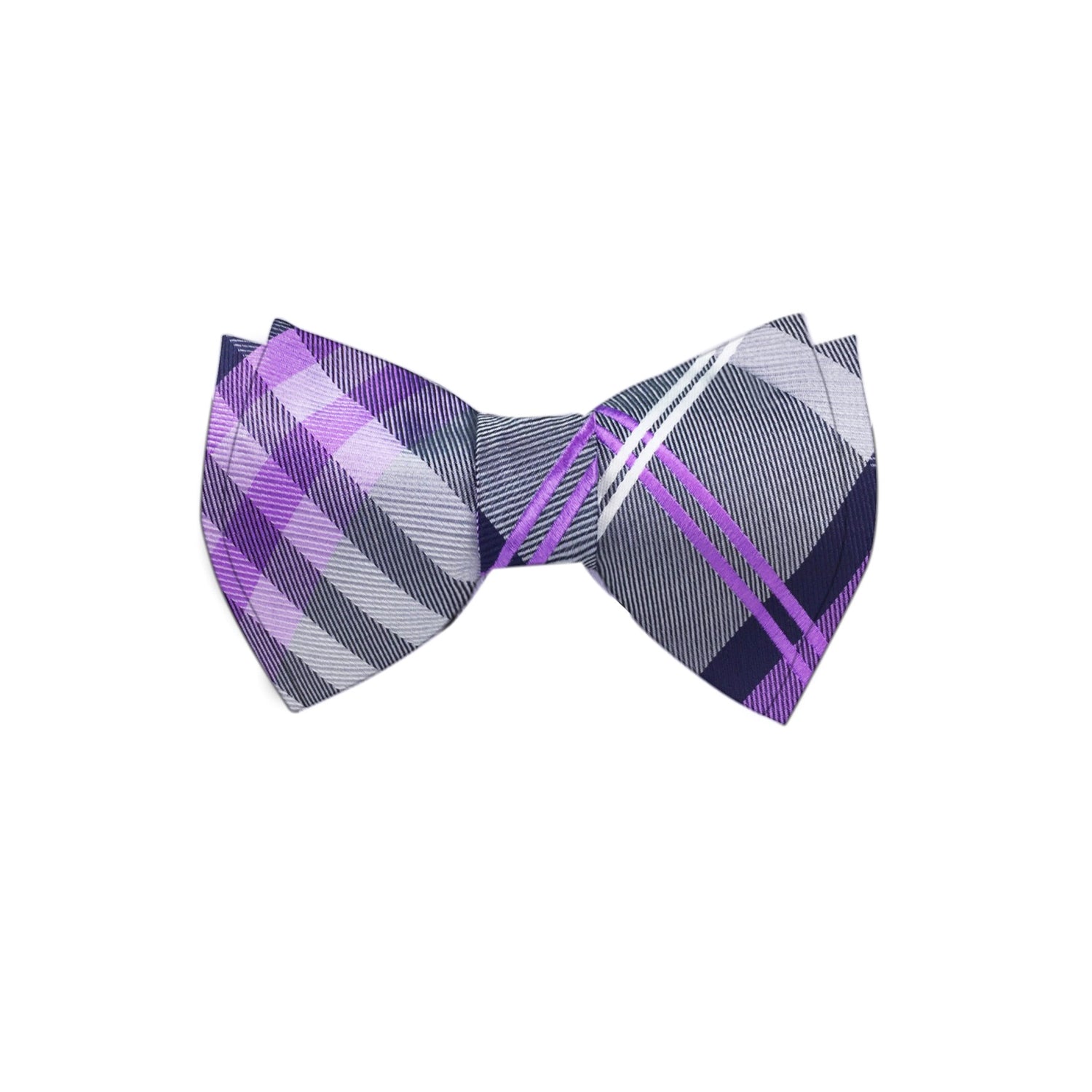 A Grey, Purple, Black, White, Plaid Pattern Silk Self Tie Bow Tie 