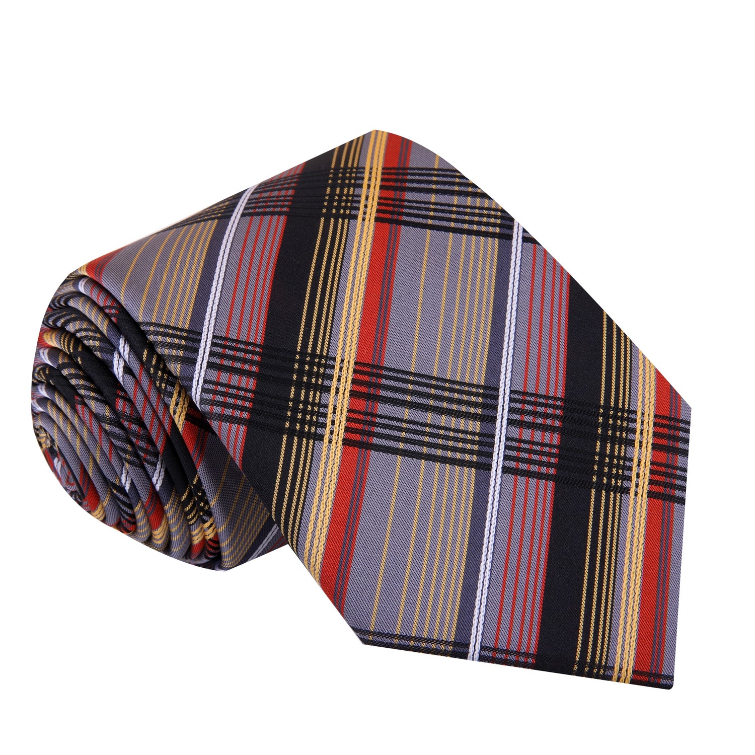 A Grey, Red, Yellow, Black Plaid Pattern Silk Necktie 