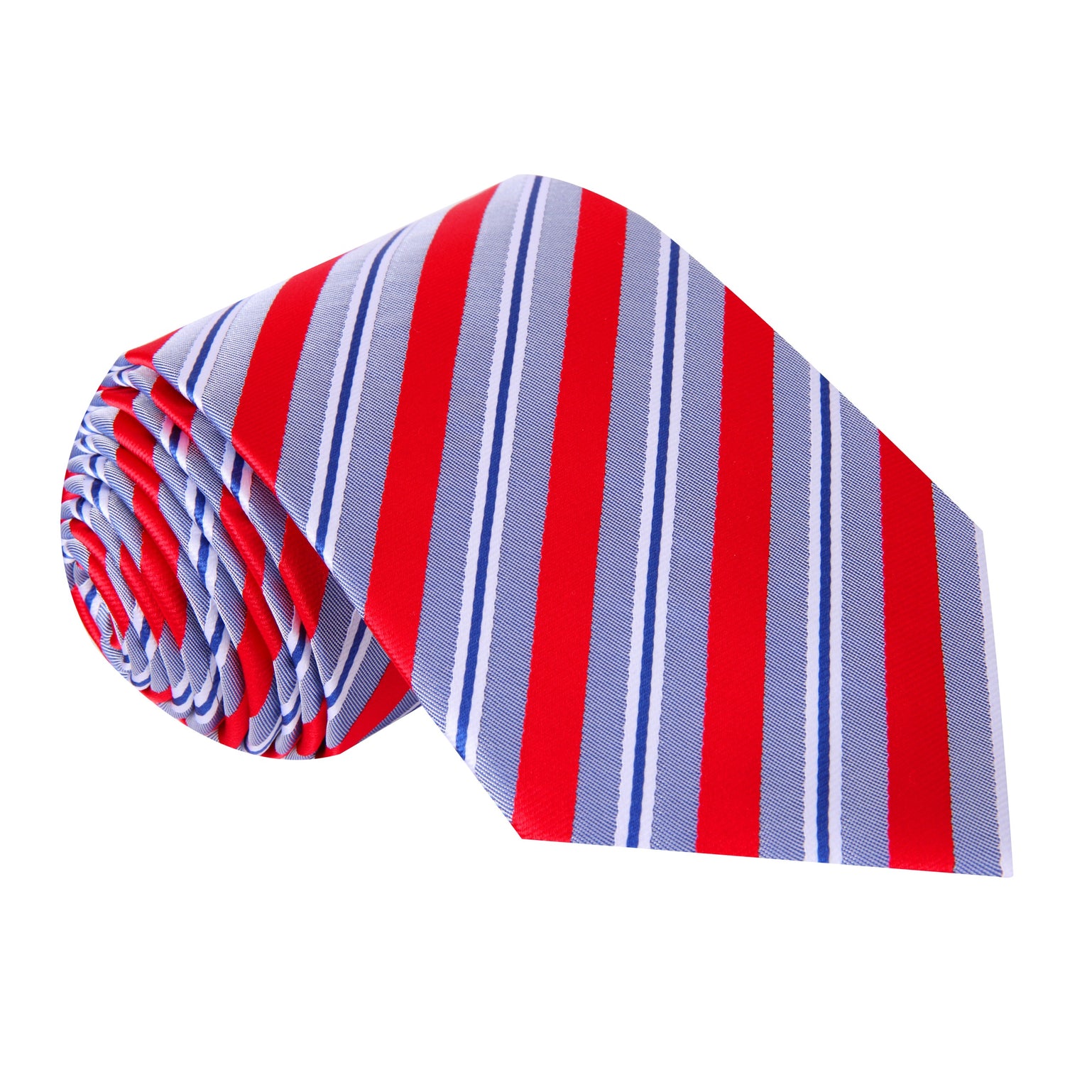 A Grey, Red, White Stripe Pattern Silk Necktie 