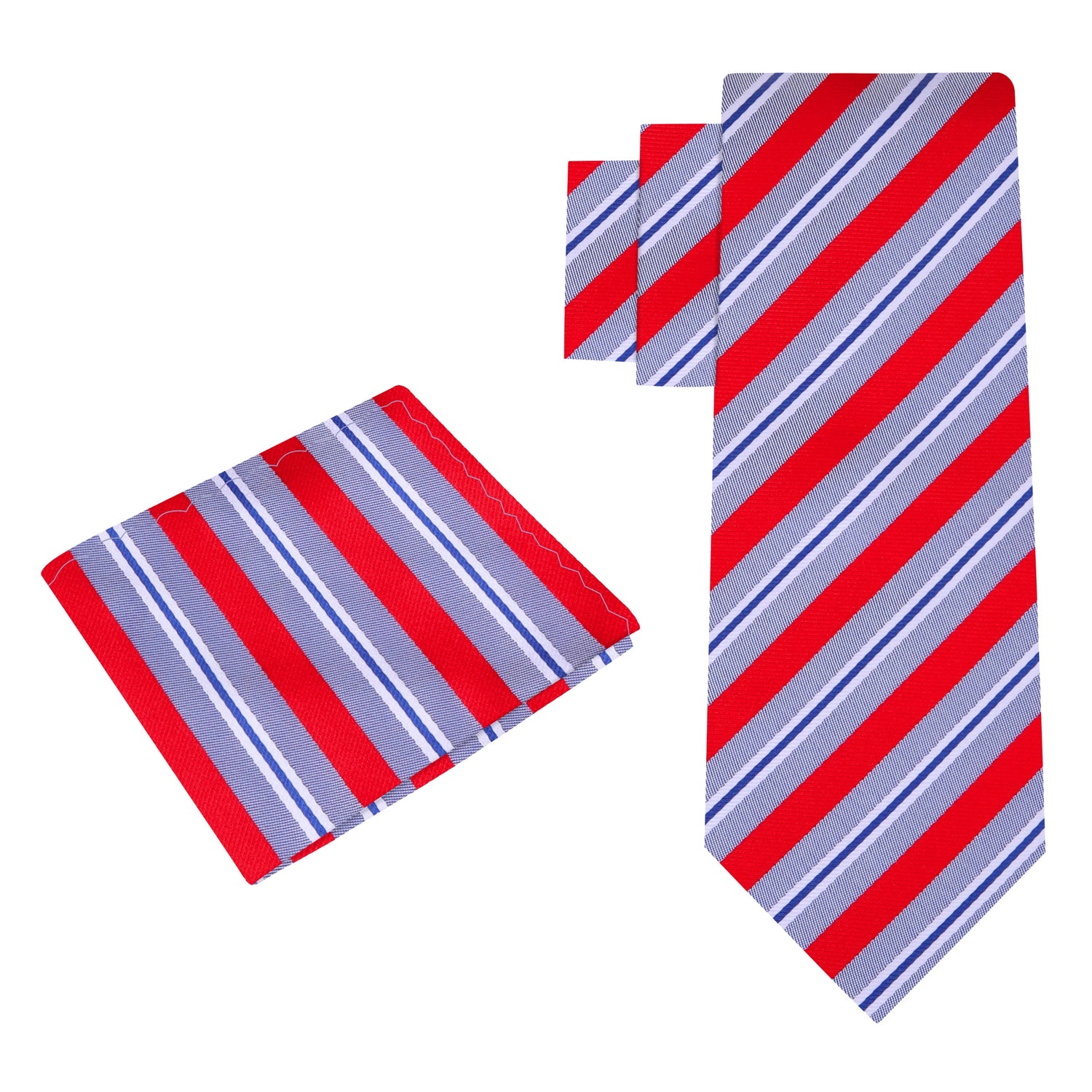 Alt View: A Grey, Red, White Stripe Pattern Silk Necktie, Matching Pocket Square
