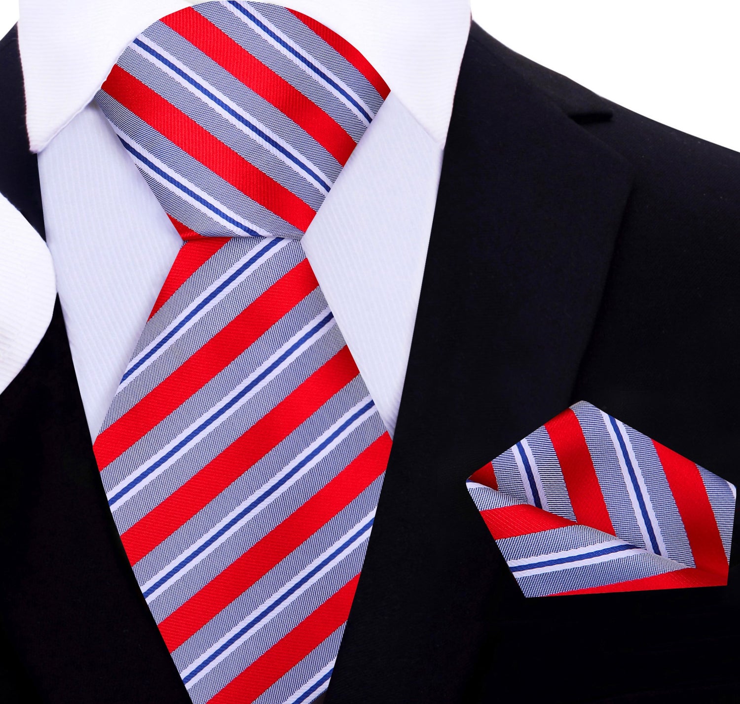 A Grey, Red, White Stripe Pattern Silk Necktie, Matching Pocket Square