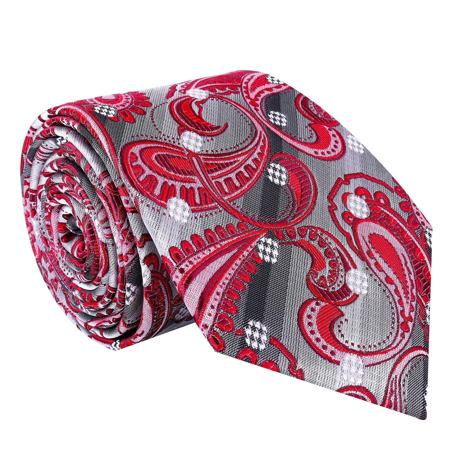 A Red, Grey, White Paisley And Dots Silk Necktie 