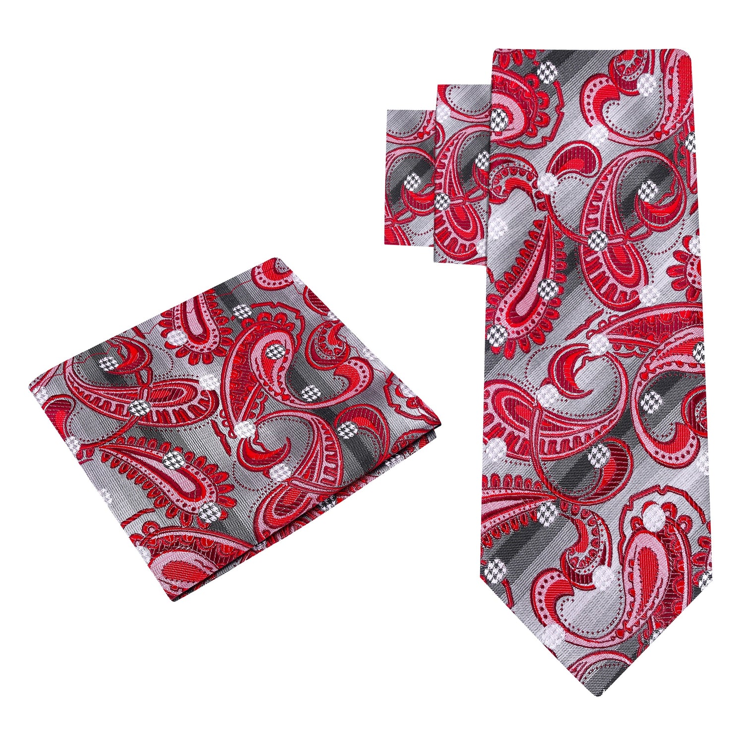 Alt View: A Red, Grey, White Paisley And Dots Silk Necktie, Matching Pocket Square