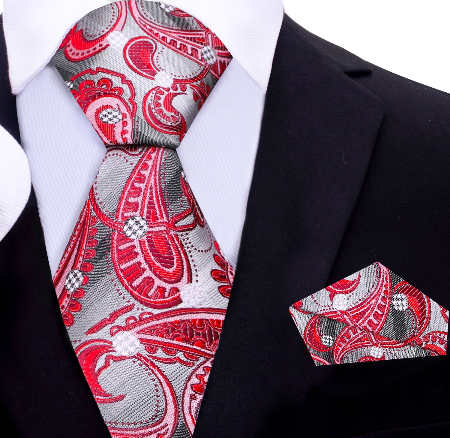 A Red, Grey, White Paisley And Dots Silk Necktie, Matching Pocket Square