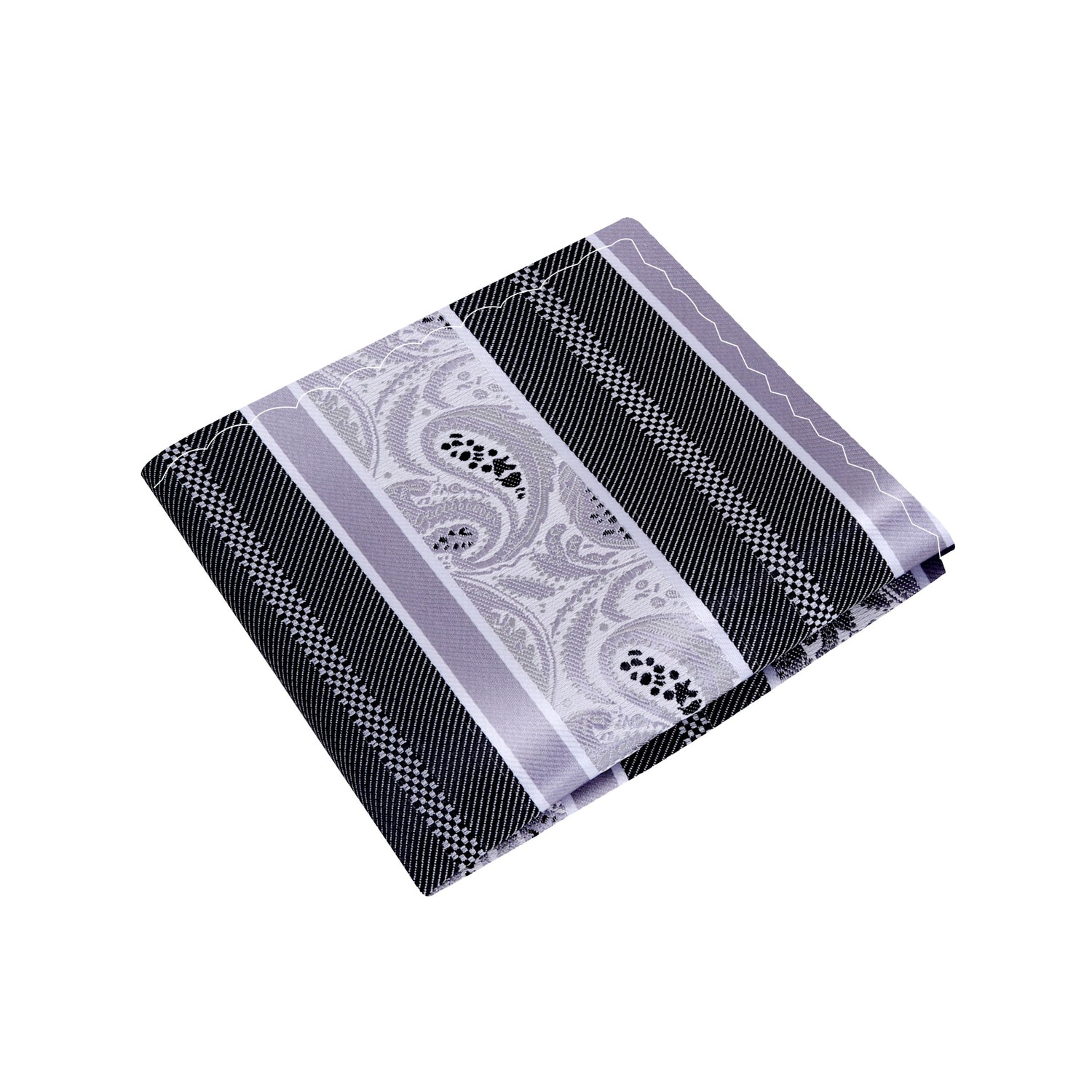 A Grey, Dark Silver Paisley With Stripe Pattern Silk Pocket Square