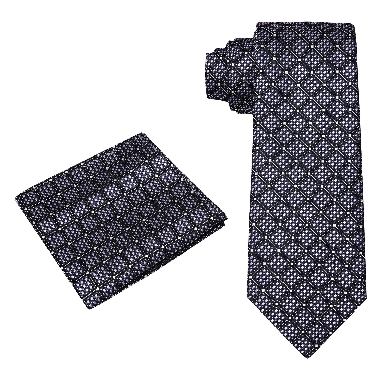 Alt View: A Black, Grey Geometric Diamond With Small Check Pattern Silk Necktie, Pocket Square