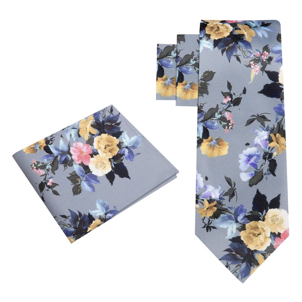 Grey, Blue, Yellow Still Life of Flowers Tie and Square