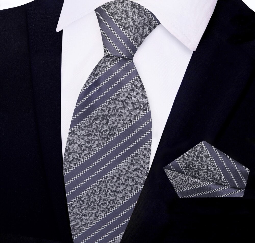 Grey, Black Stripe Tie and Pocket Square