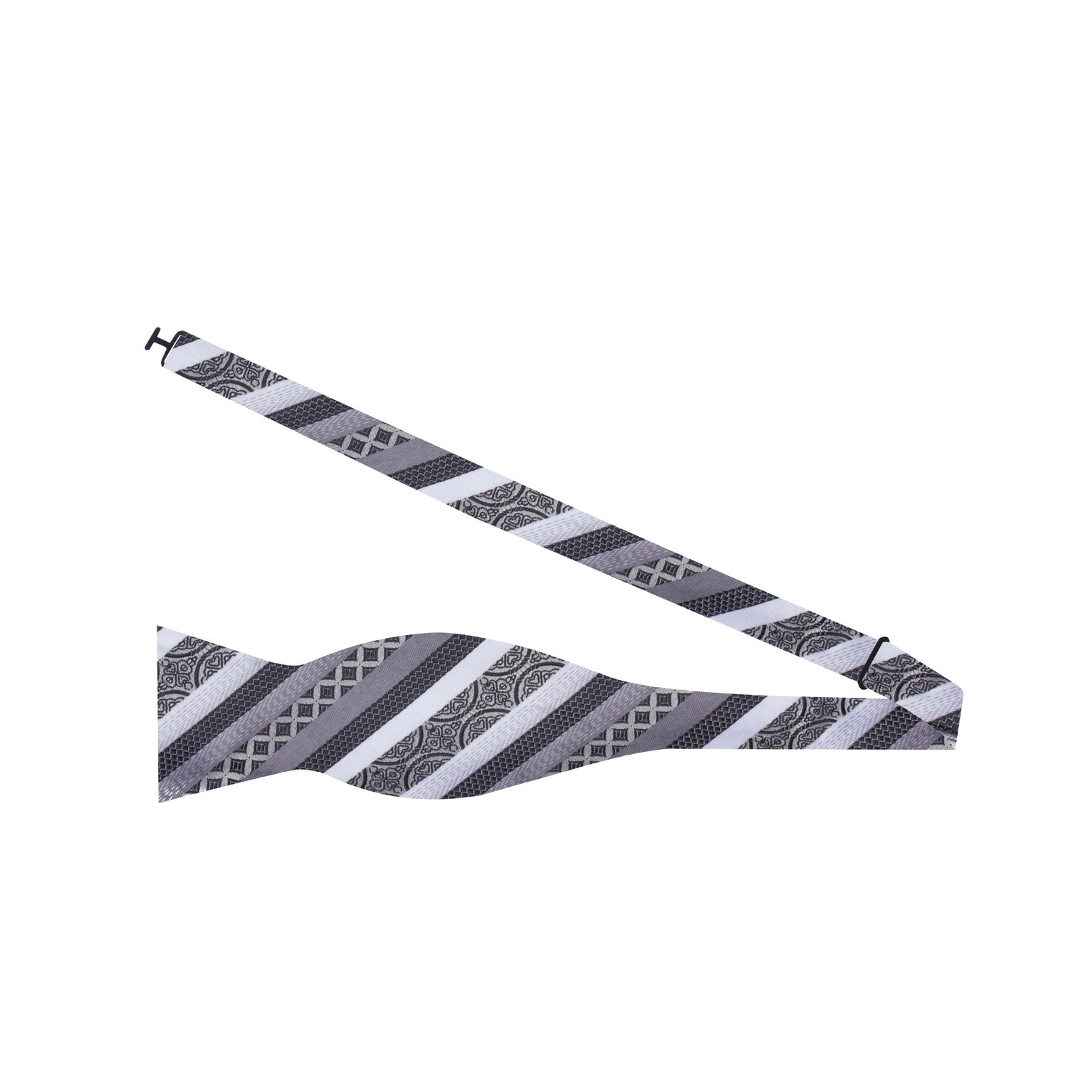 A Grey, Black Stripe Pattern Silk Self-Tie Bow Tie Untied
