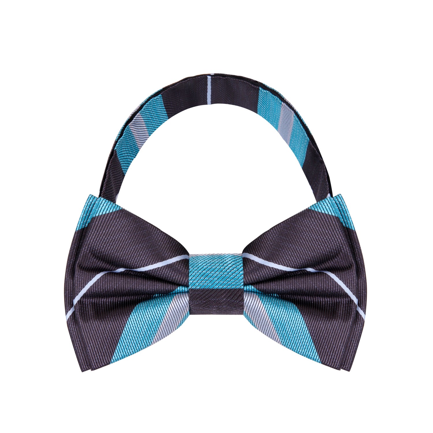 View 2 A Light Blue, Grey, Smoke Stripe Pattern Silk Pre Tied Bow Tie