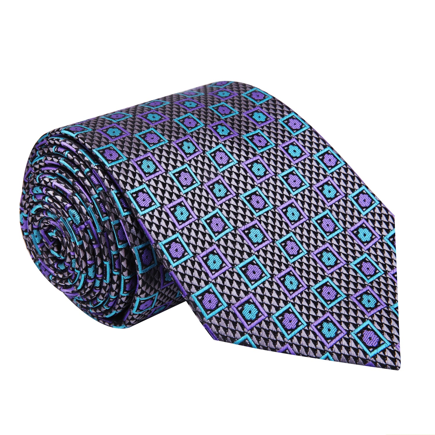 A Grey, Teal, Purple Abstract Shapes Pattern Silk Necktie 