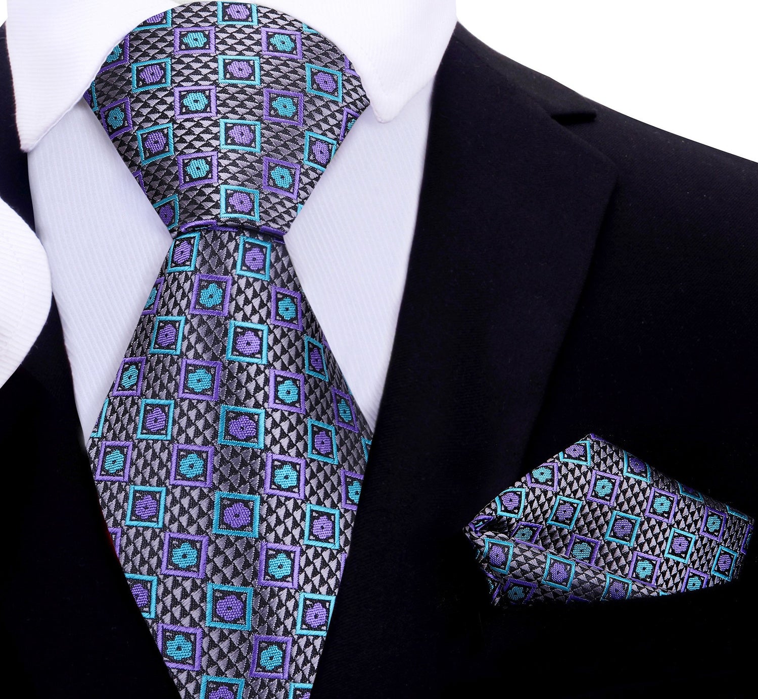 A Grey, Teal, Purple Abstract Shapes Pattern Silk Necktie, Matching Pocket Square