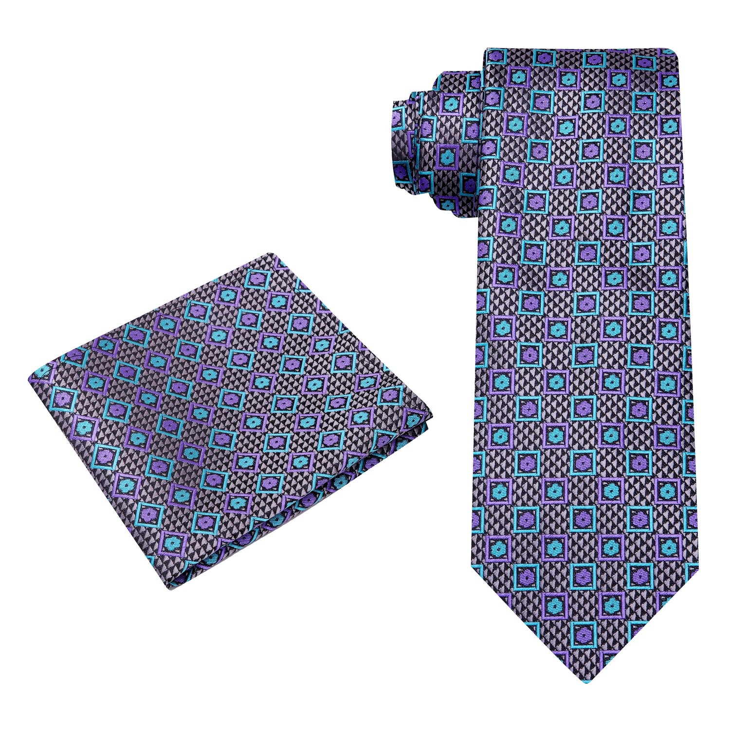 Alt View: A Grey, Teal, Purple Abstract Shapes Pattern Silk Necktie, Matching Pocket Square