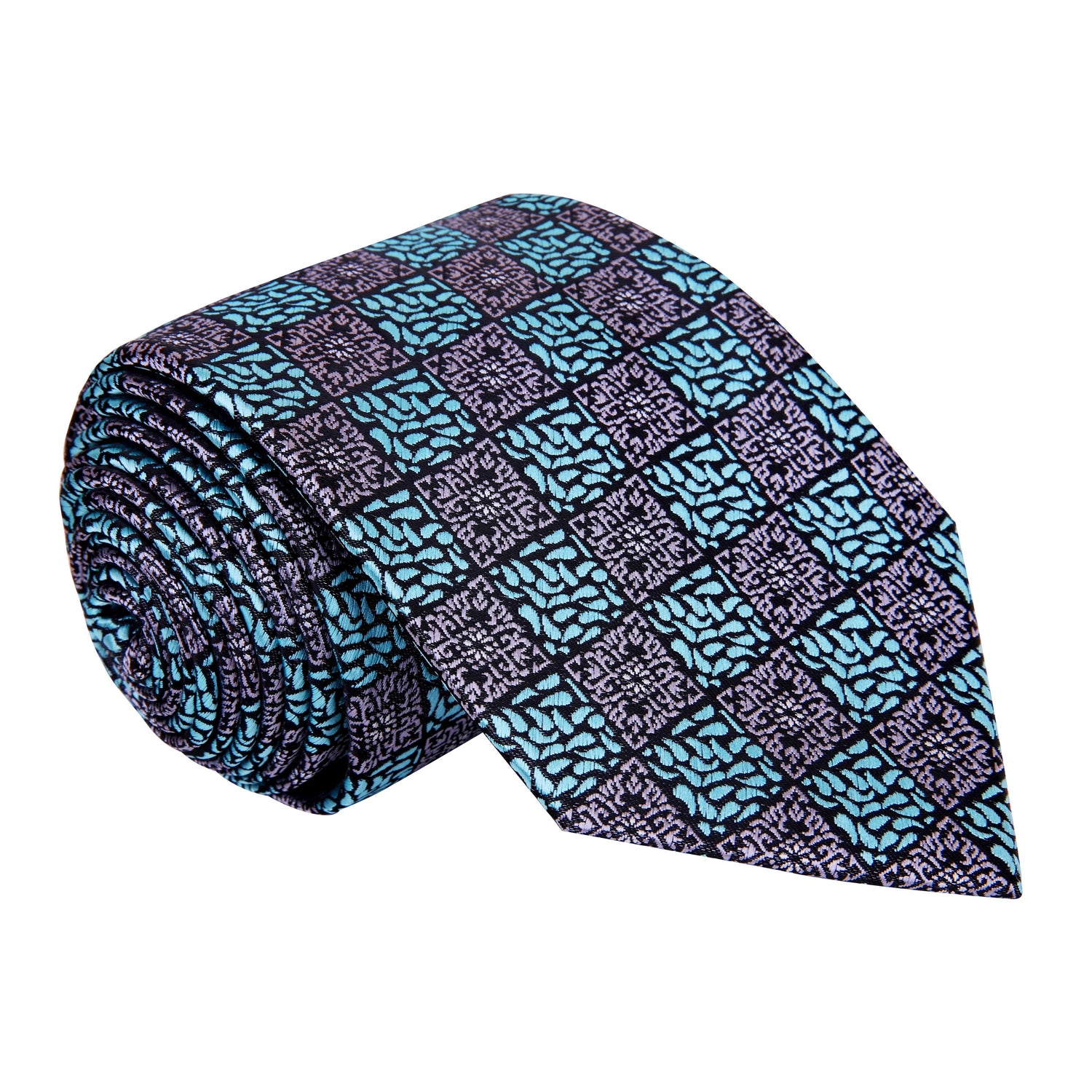 View 3: A Teal And Grey Geometric With Paisley Pattern Silk Necktie.
