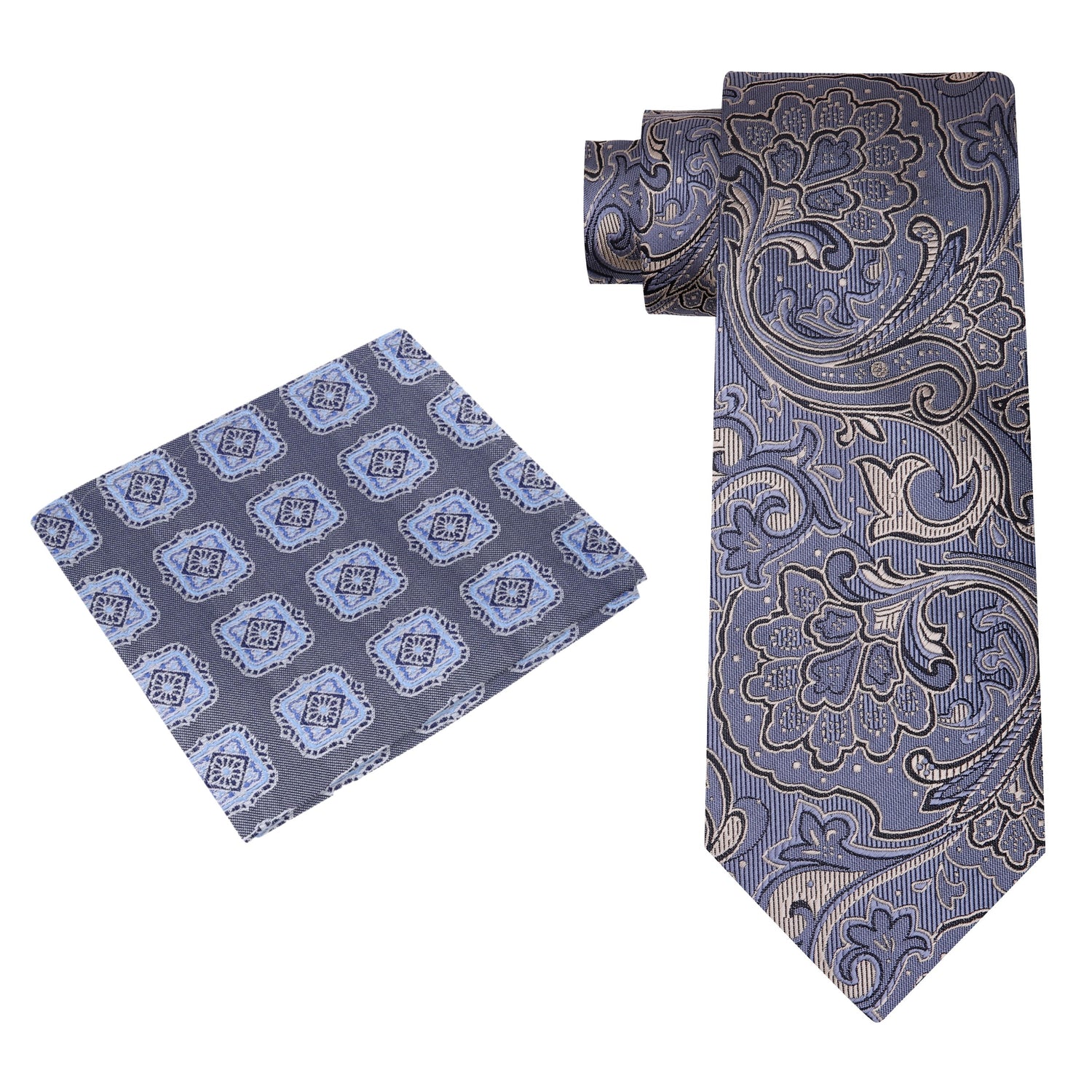 Alt View: A Dark Grey, Grey Abstract Paisley Pattern Silk Necktie, Accenting Pocket Square