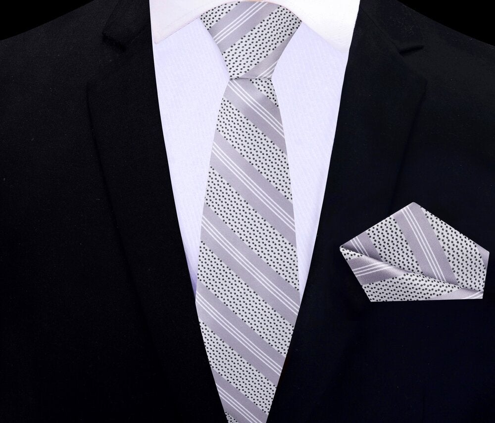 White, Black, Light Grey Stripes With Dot Silk Thin Necktie and Pocket Square