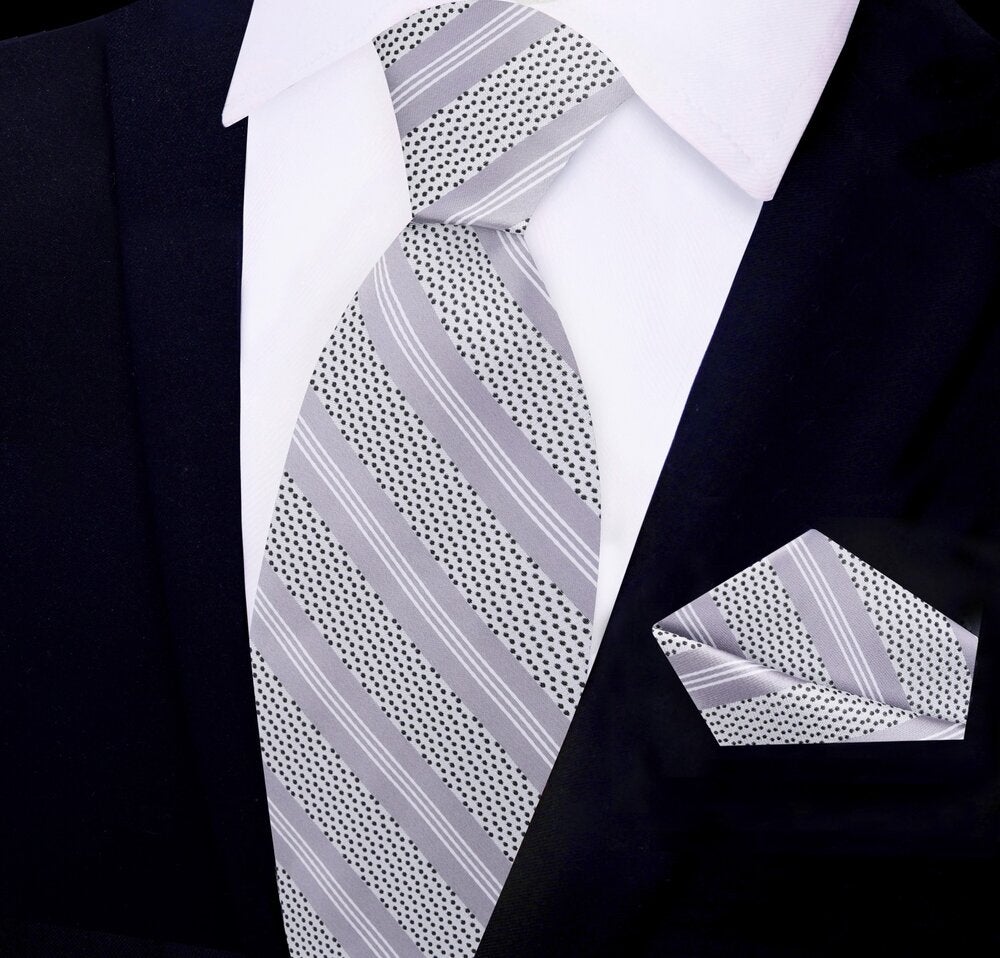 White, Black, Light Grey Stripes With Dot Silk Necktie and Pocket Square