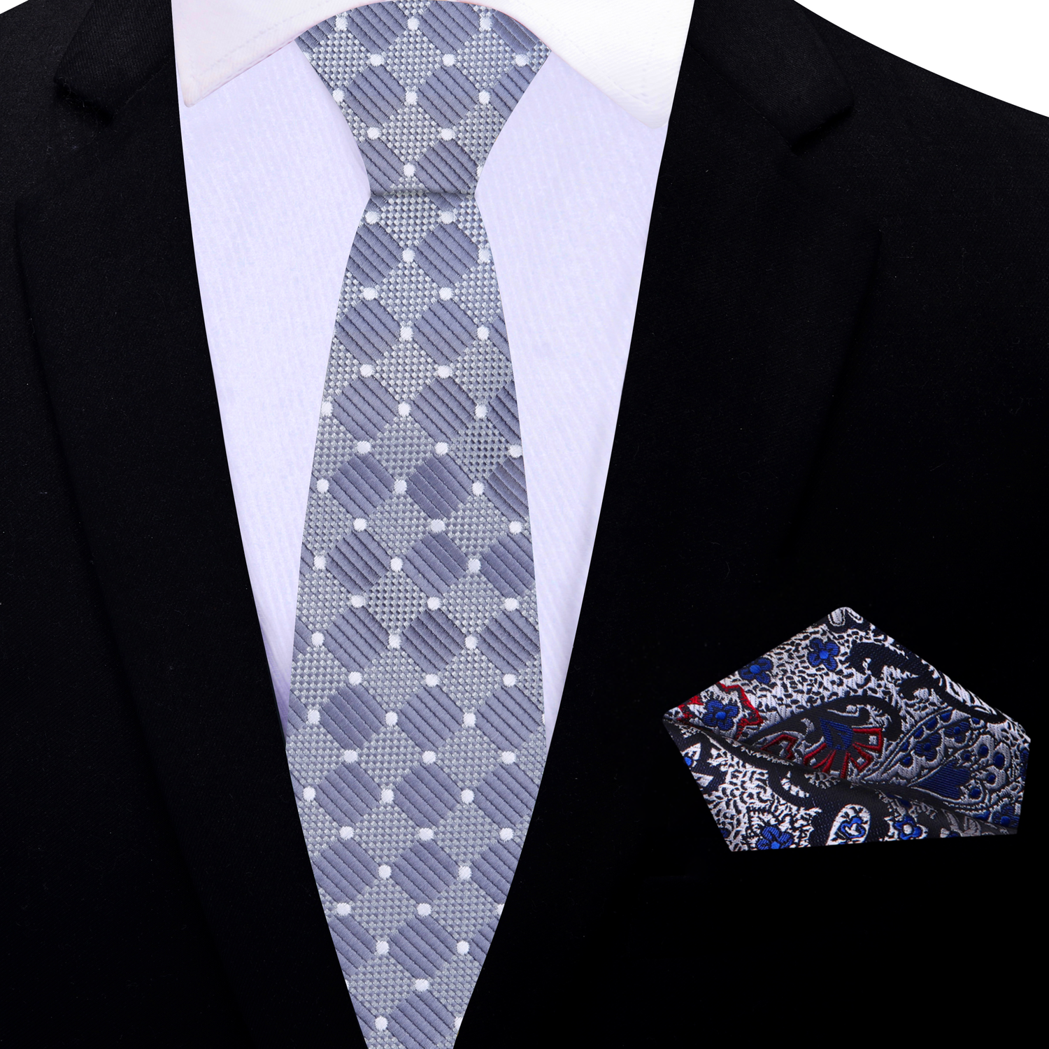 Thin Tie: Grey, White Geometric Necktie with Grey, Black, Red Paisley Pocket Square