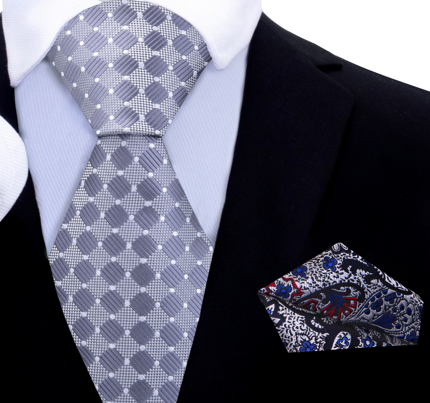 Grey, White Geometric Necktie with Grey, Black, Red Paisley Pocket Square