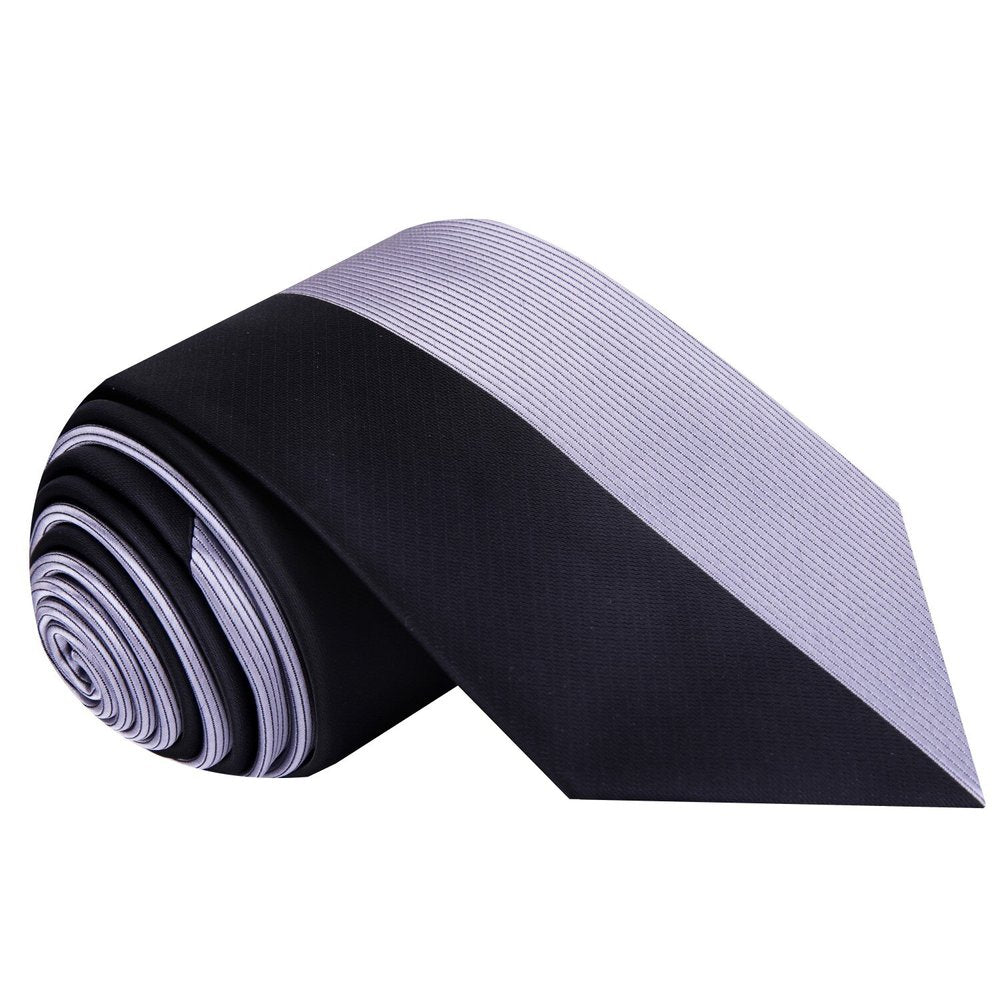 A Black, Silver Geometric Lined Pattern Silk Necktie 