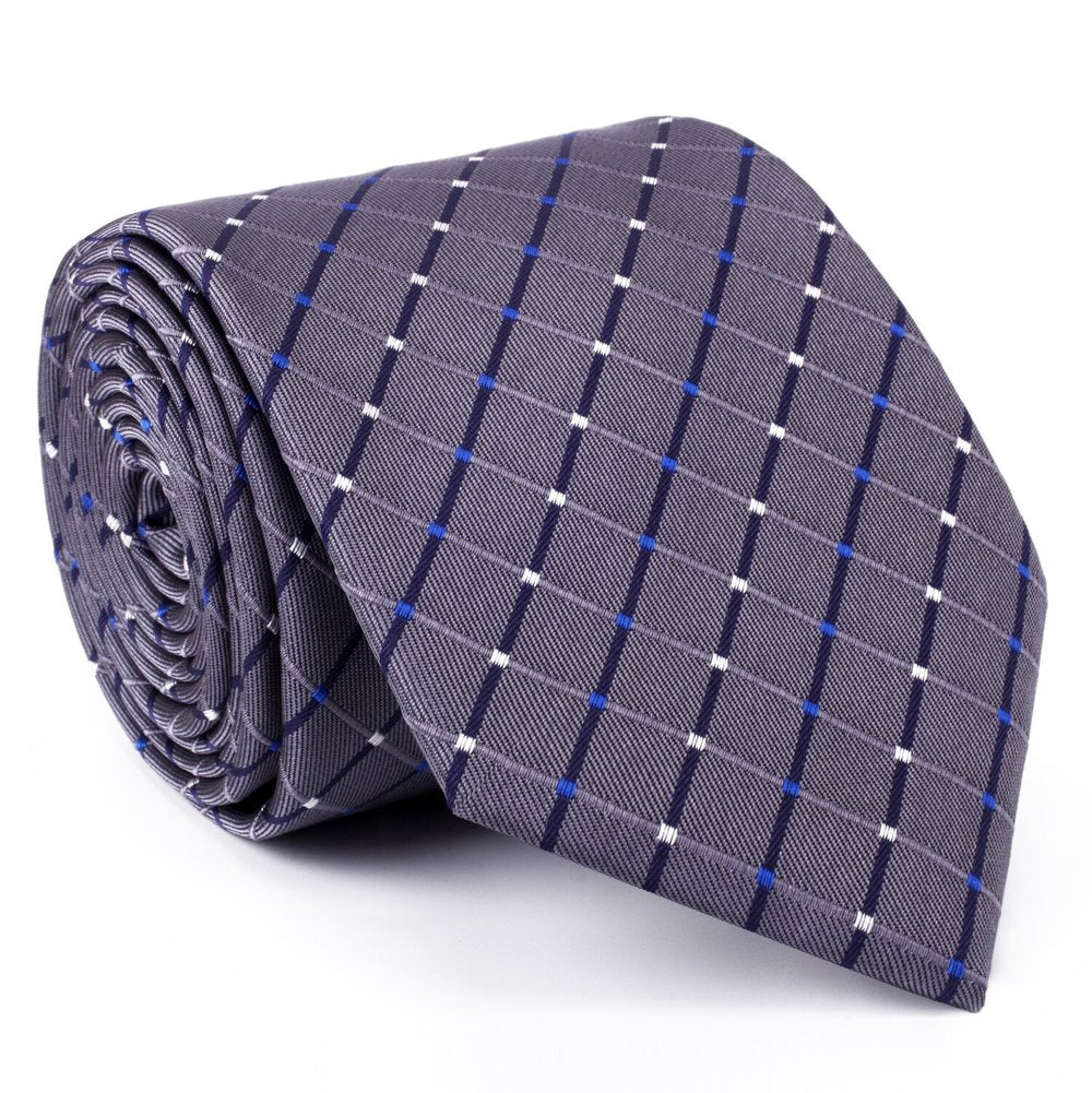A Silver, White, Blue Geometric Pattern Silk Necktie 
