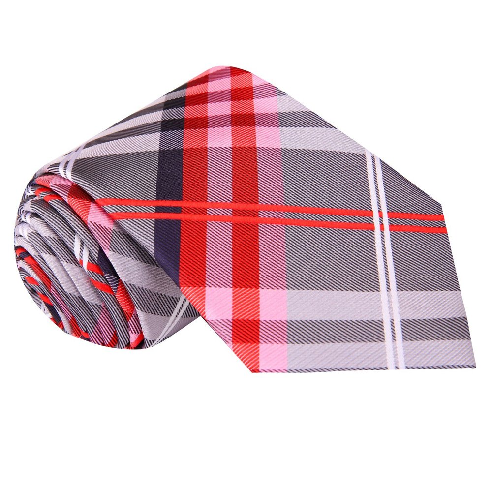 Grey, Red, White Plaid Tie  