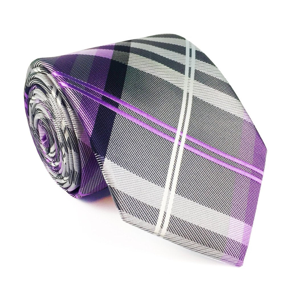 Grey, Purple, Black, White Plaid Tie 